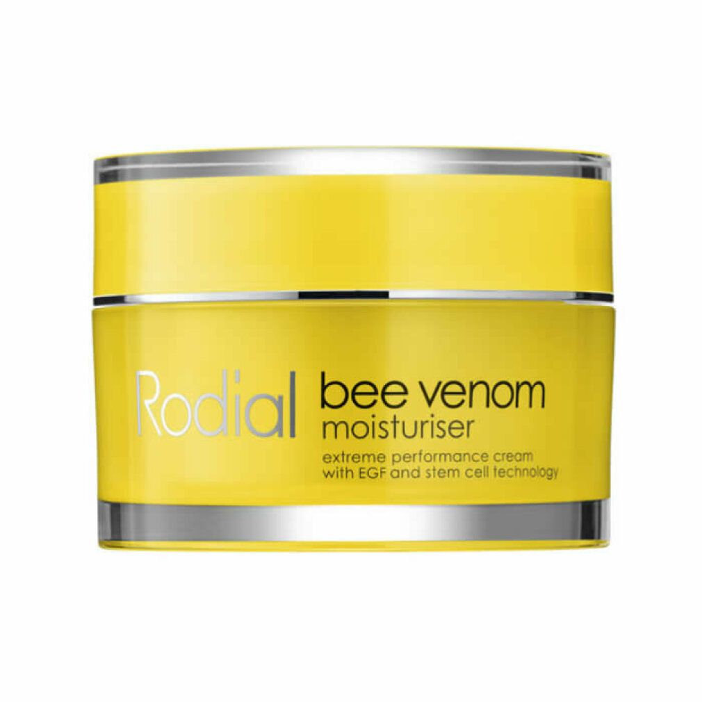 Vaso di crema giallo con coperchio argentato. Scritta: Rodial, bee venom, moisturiser, extreme performance cream.
