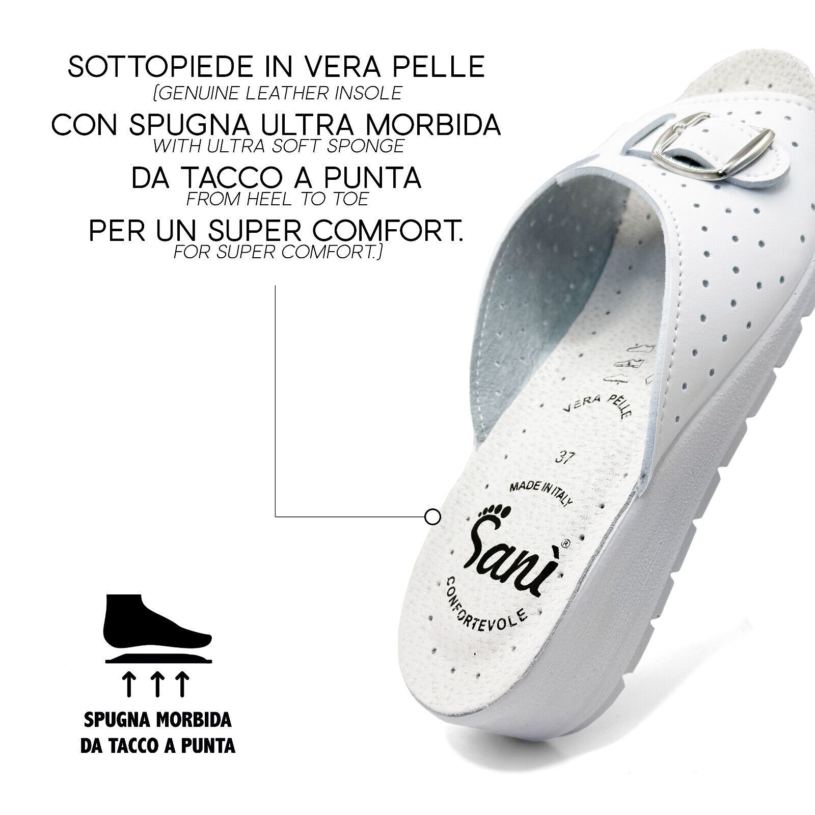 Primo piano di sandalo bianco. Testo: 'Sottopiede in vera pelle', 'Spugna ultra morbida'. Marchio Sanì.