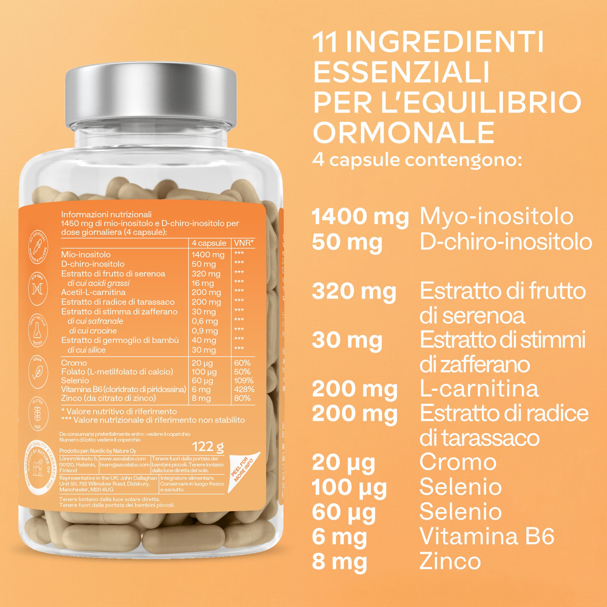 Retro del flacone con informazioni nutrizionali. Contiene Myo-inositolo, D-chiro-inositolo e altri ingredienti.