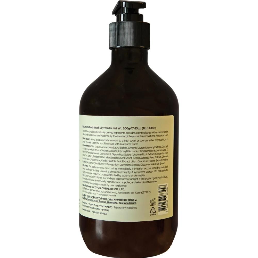 Retro di una bottiglia marrone di bagnoschiuma con ingredienti e informazioni dettagliate.
