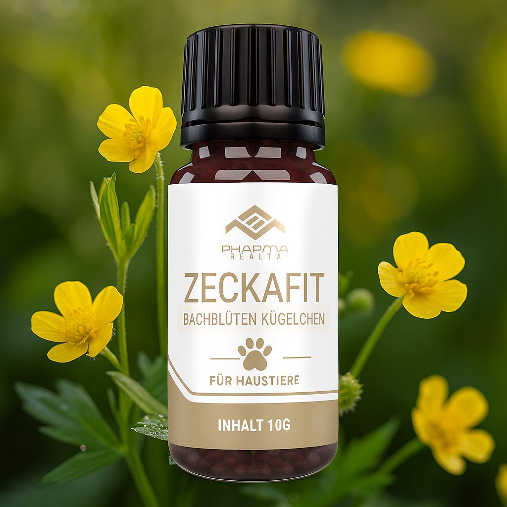 Flacone di vetro marrone con tappo nero. Etichetta con logo, nome prodotto Zeckafit, Bachblüten Kügelchen, Per animali domestici, Contenuto 10g. Fiori gialli sullo sfondo.