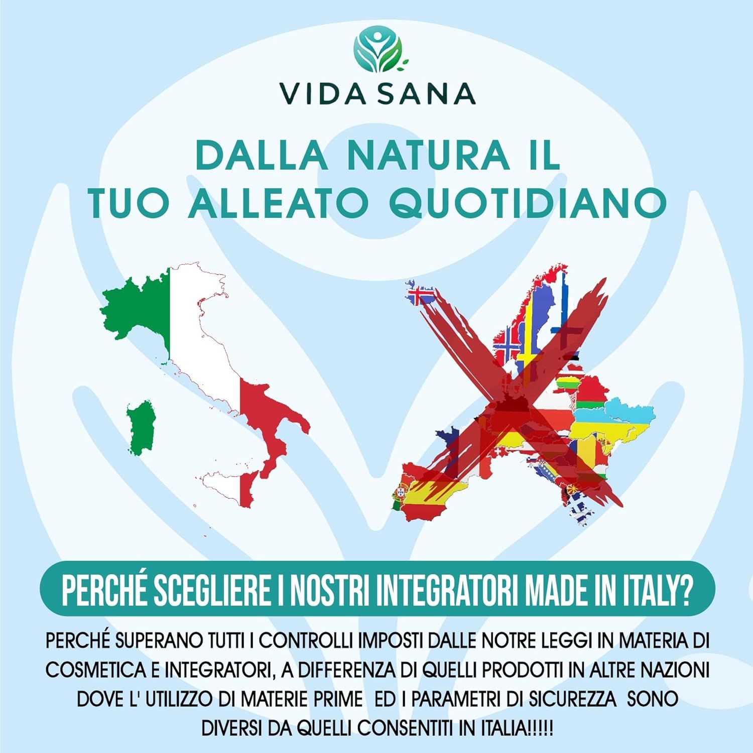 Grafica con mappe Italia ed Europa. Testo: Dalla natura il tuo alleato quotidiano. Perché Made in Italy? Qualità.