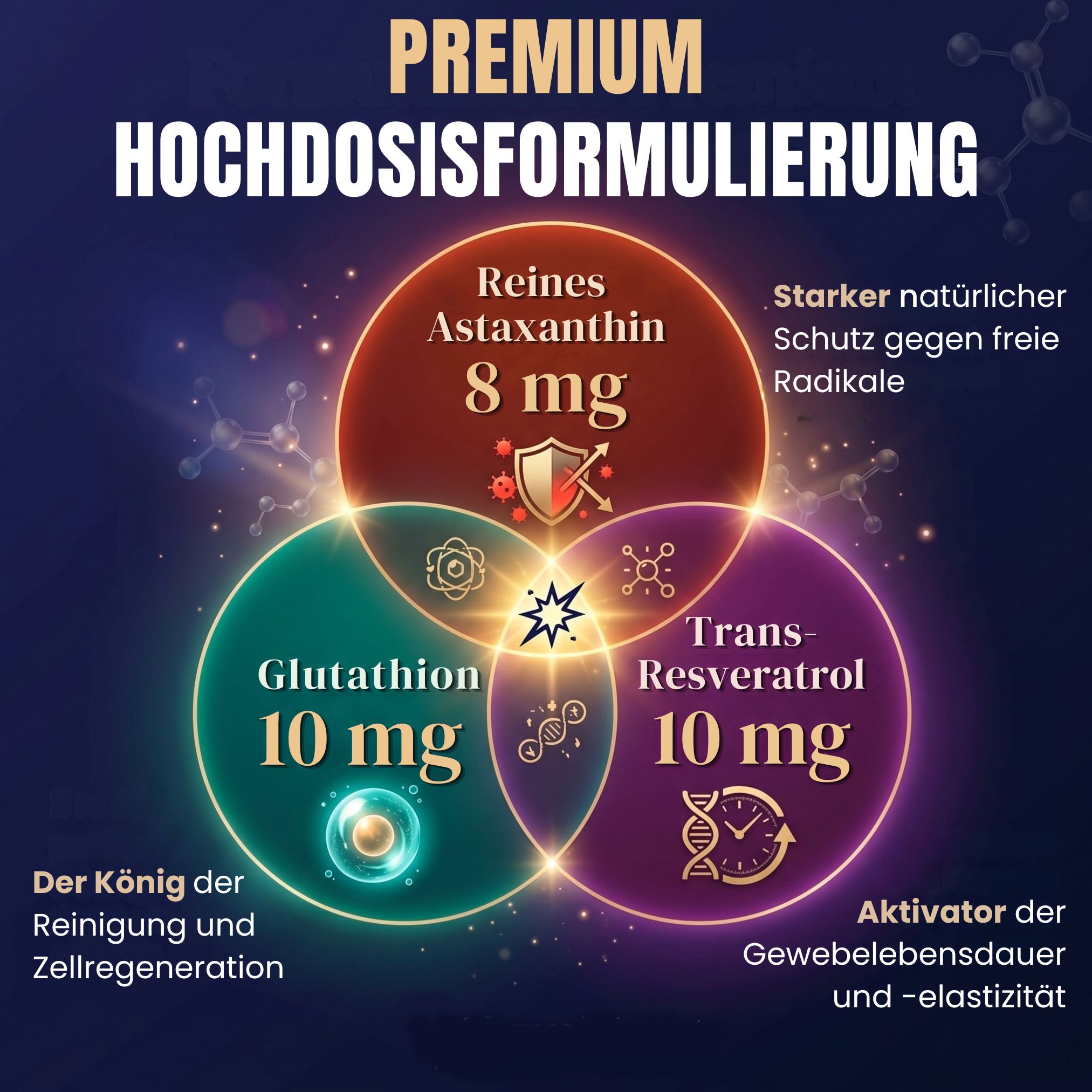 Astaxantina 8 mg, Glutatione 10 mg, Trans-Resveratrolo 10 mg. Alto dosaggio.