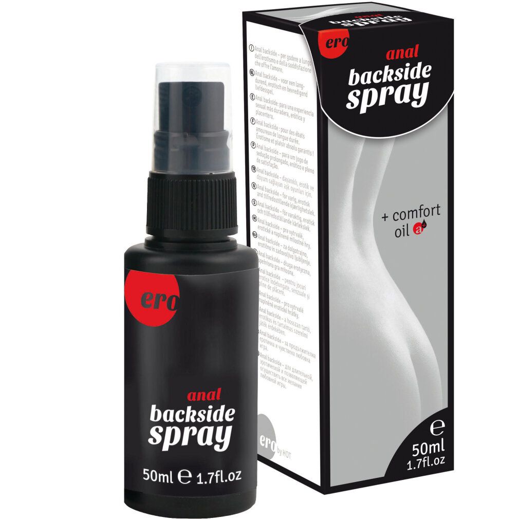 Flacone spray nero Ero Anal Backside Spray, 50ml. Accanto, la confezione con illustrazione del fondoschiena.