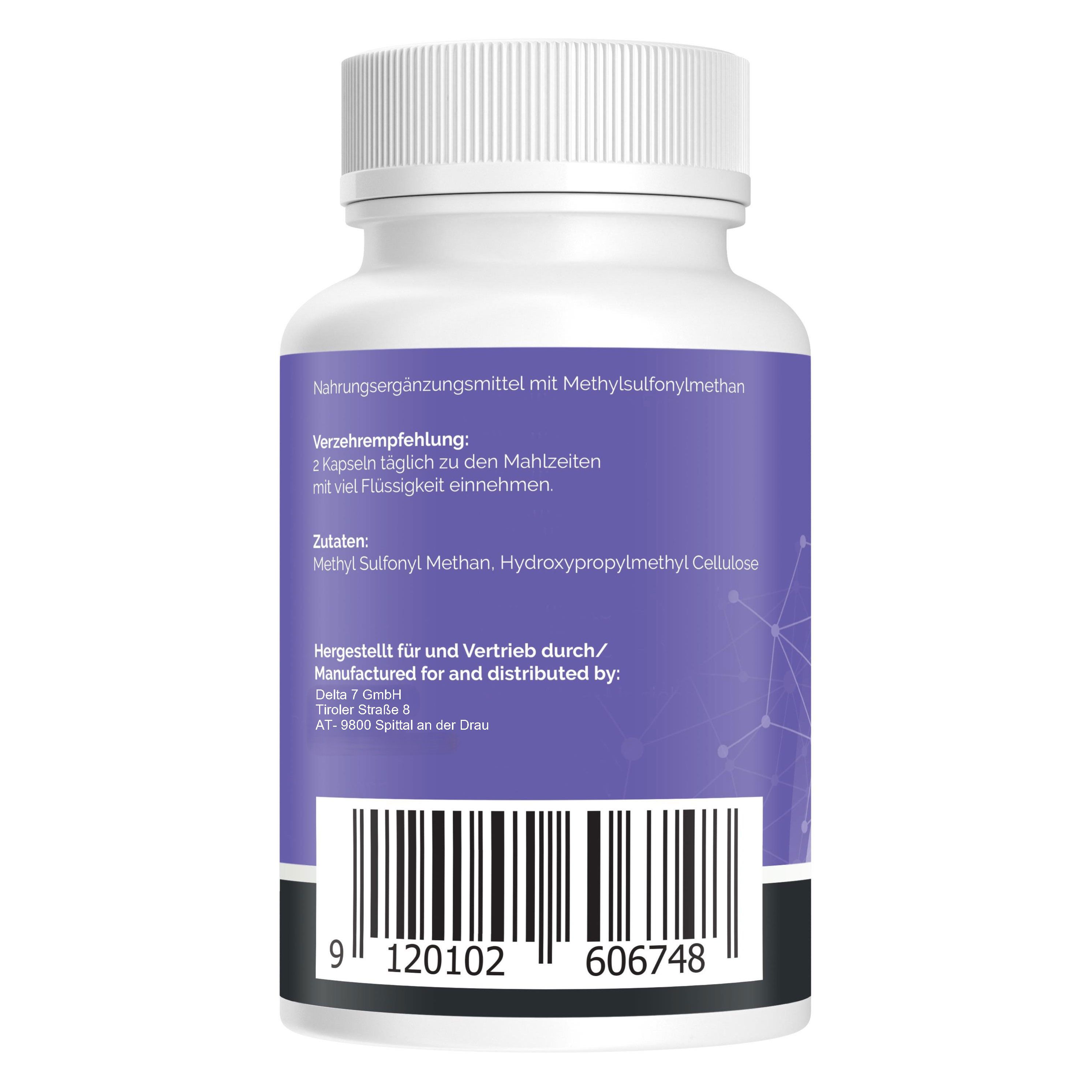 Retro del flacone Natural Pro MSM. Informazioni sugli ingredienti e sul produttore.