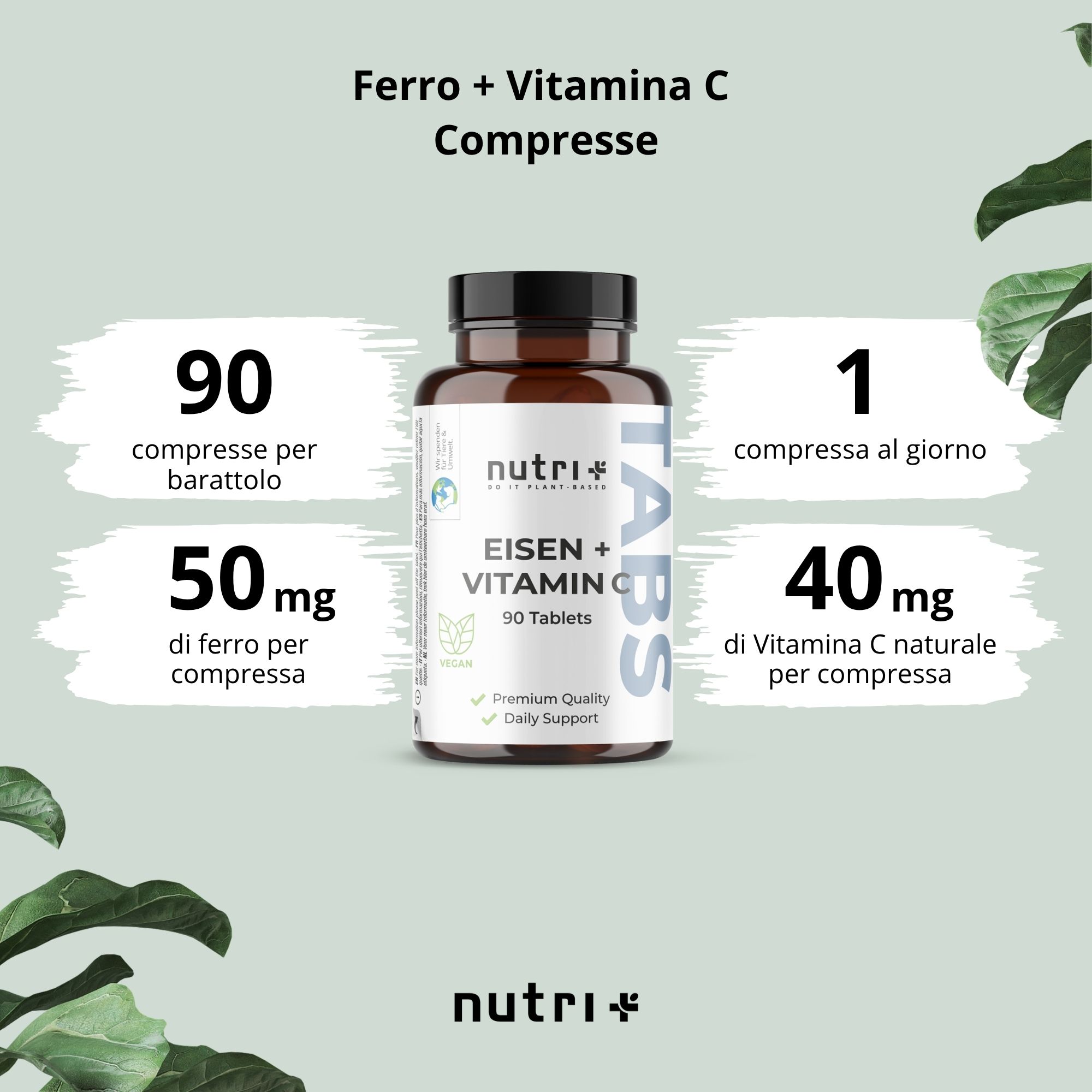 Confezione di compresse nutri+ Ferro + Vitamina C. 90 compresse, 50mg di ferro, 40mg di vitamina C per compressa.