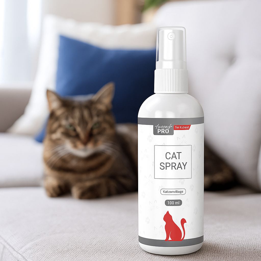 Flacone spray bianco con scritta "CAT SPRAY". Sagoma di gatto rosso. 100 ml. Logo "Animal Pro". Gatto sullo sfondo.