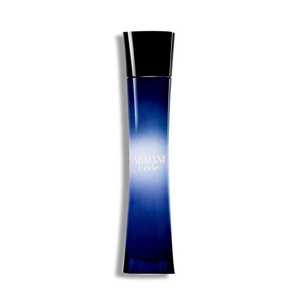 Flacone blu-nero con tappo nero. Scritta Armani Code. Forma verticale con bordi arrotondati.