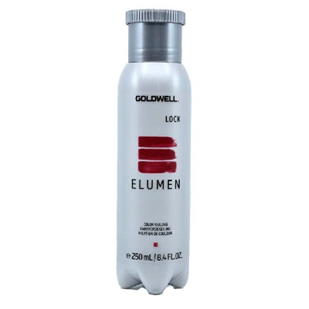 Goldwell Elumen Lock, trattamento fissante colore. Flacone bianco con tappo argento. Strisce rosse e scritta Elumen.