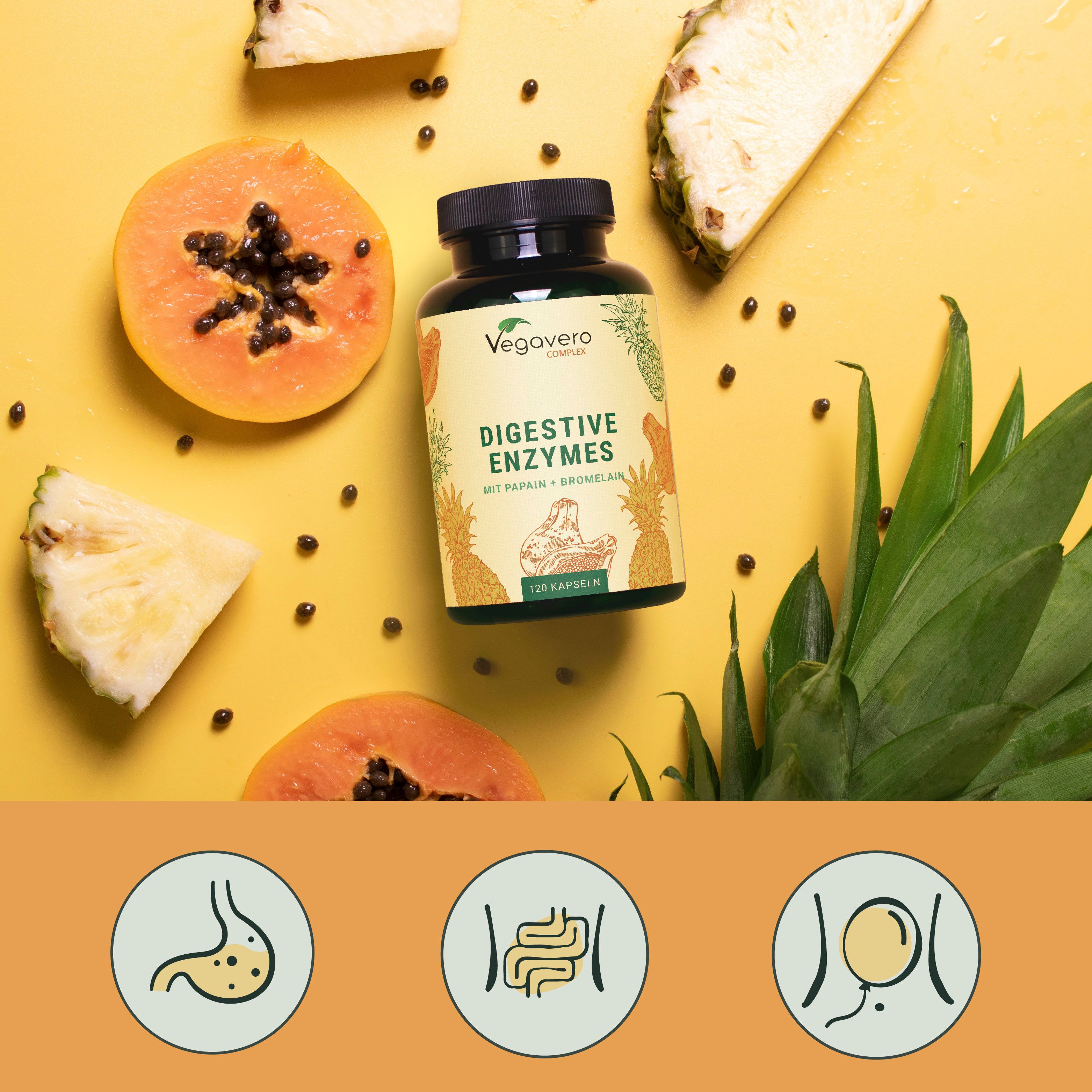 Flacone con pezzi di papaya e ananas. Scritta: Digestive Enzymes, con papaina + bromelina. 120 capsule.