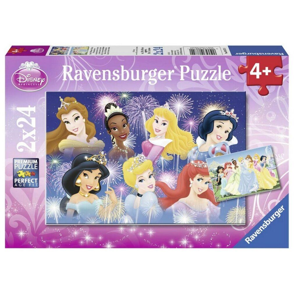 Scatola puzzle Ravensburger con principesse Disney. 2x24 pezzi. Età consigliata 4+. Confezione con principesse e fuochi d'artificio.