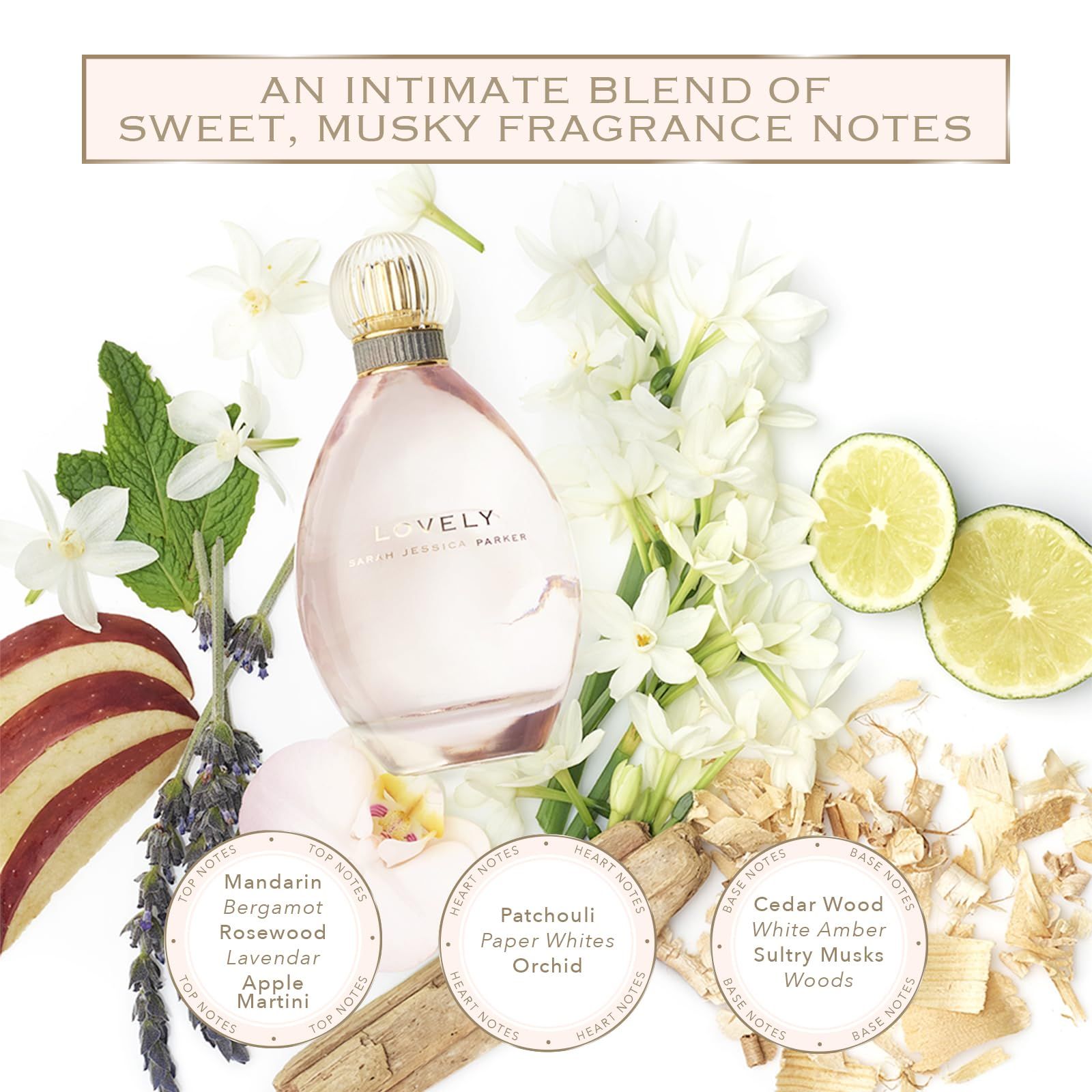 Flacone con fiori e ingredienti. Scritta "LOVELY Sarah Jessica Parker".