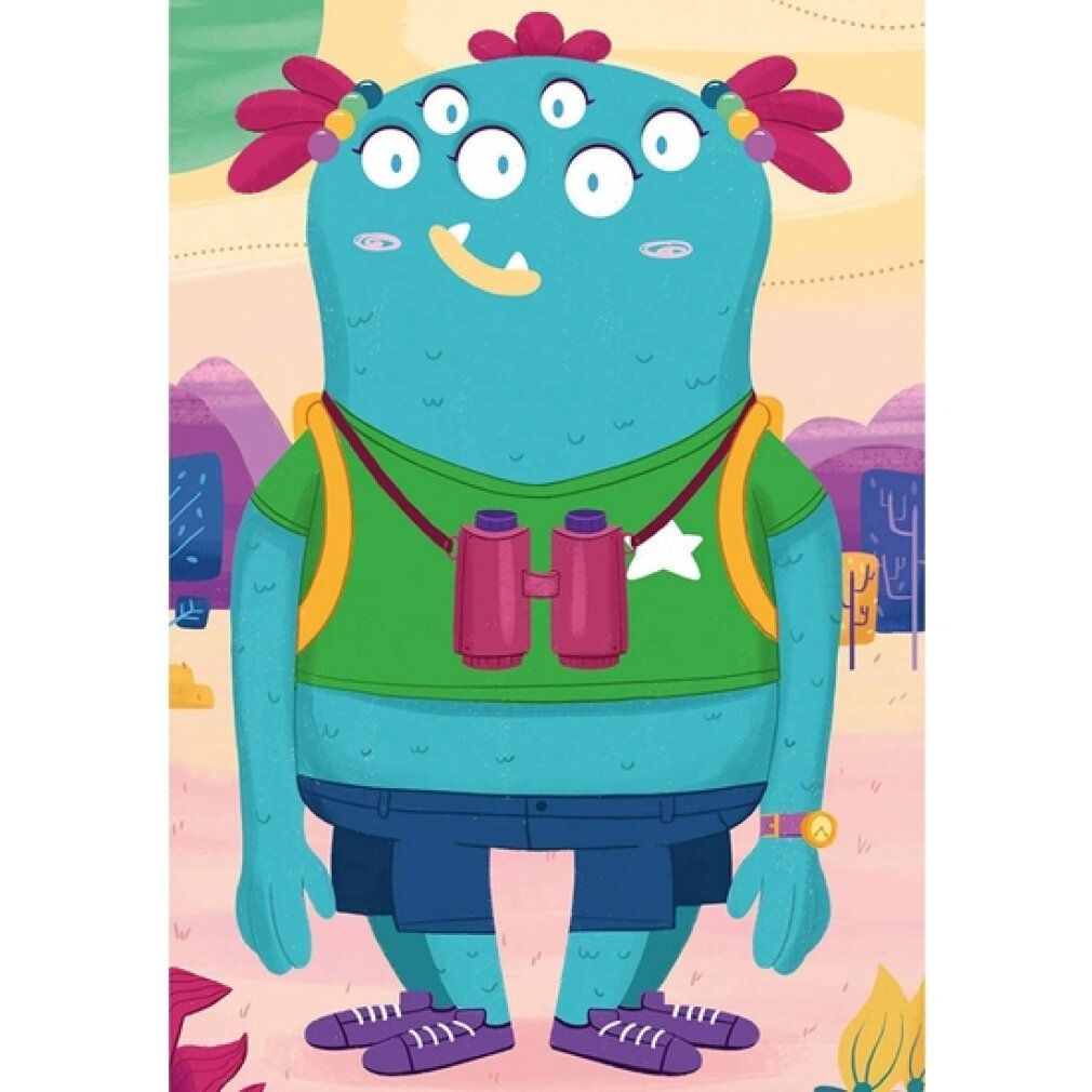 Illustrazione di un mostro con binocolo e orologio da polso. Il mostro indossa un gilet e pantaloncini. Sfondo: montagne e cielo.