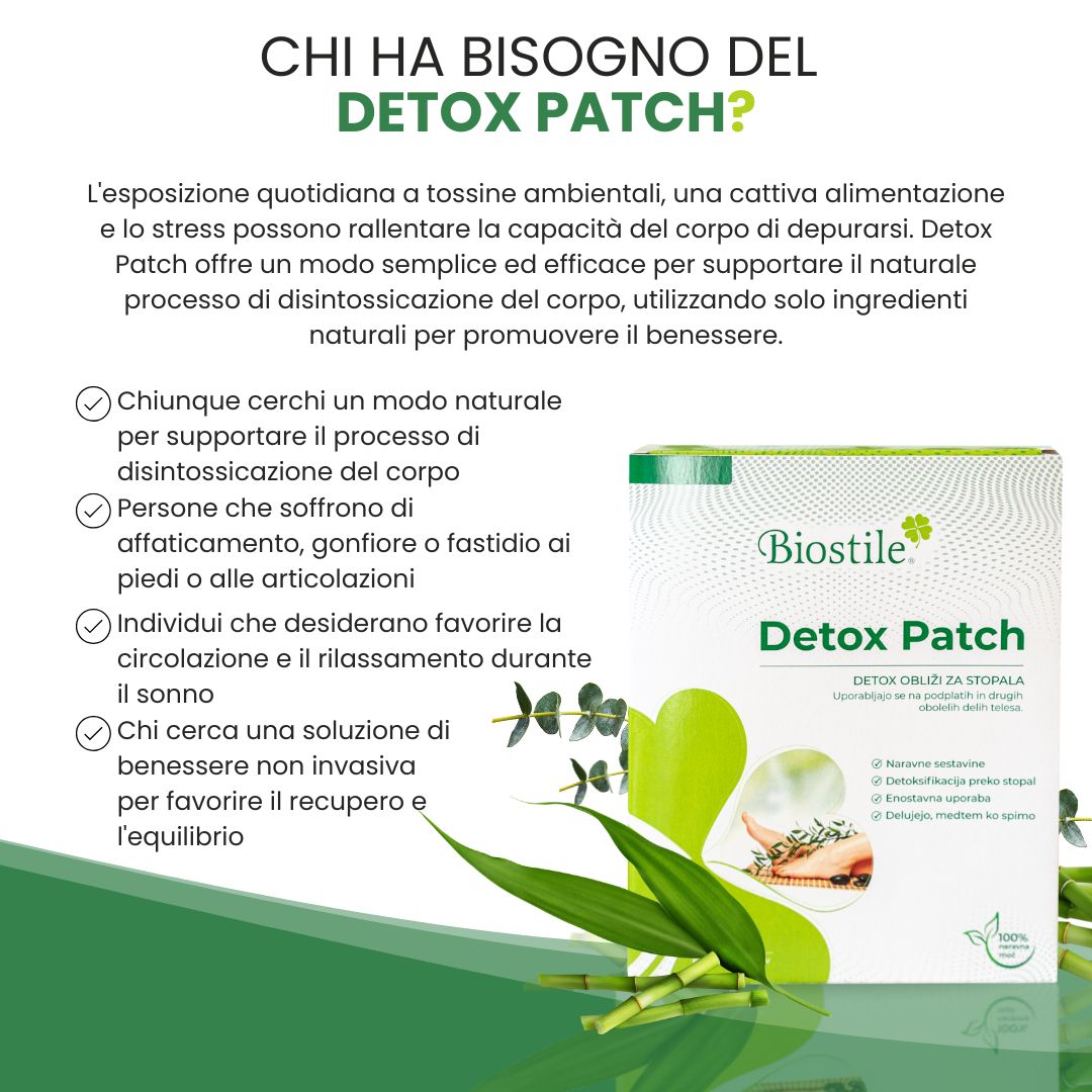 Testo: Chi ha bisogno del cerotto detox? Punti elenco: tossine ambientali, affaticamento, circolazione, benessere. Confezione Biostile Detox Patch.