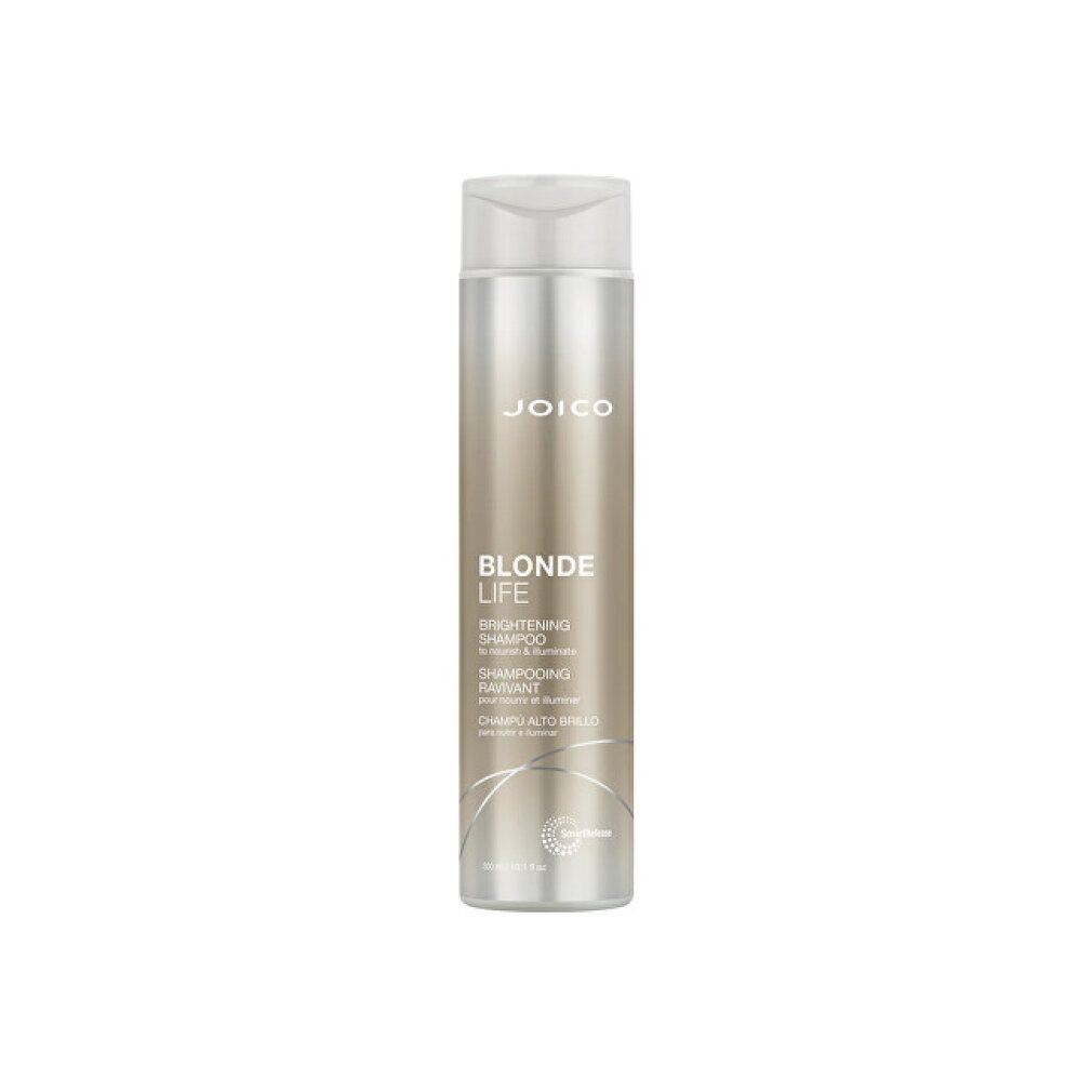 Shampoo JOICO Blonde Life. Flacone con tappo bianco ed etichetta dorata. Testo: Blonde Life, Brightening Shampoo.