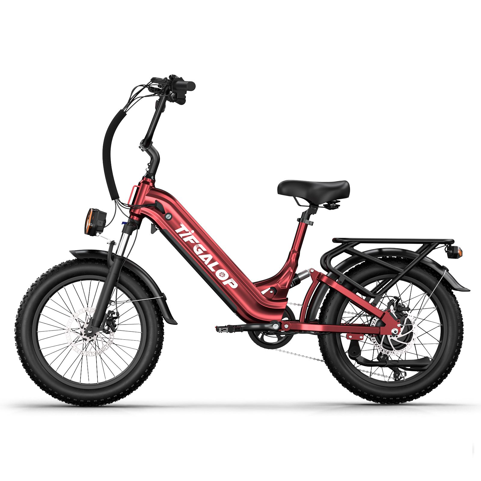 E-bike rossa con elementi neri. Pneumatici larghi, portapacchi, faro e manubrio. Marchio TIFGALOP.