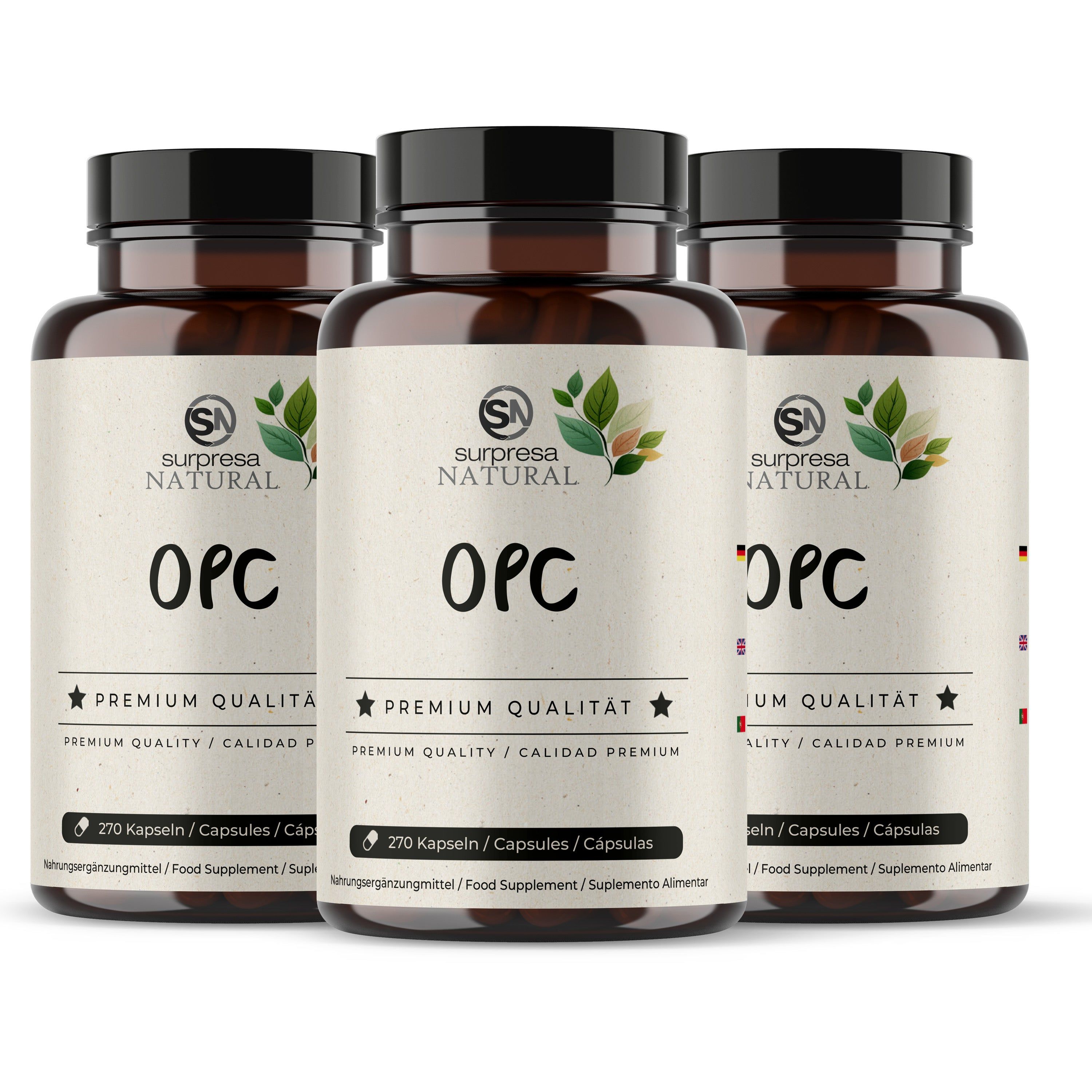 Tre flaconi con capsule OPC, etichette "Surpresa Natural OPC" e "Qualità Premium".