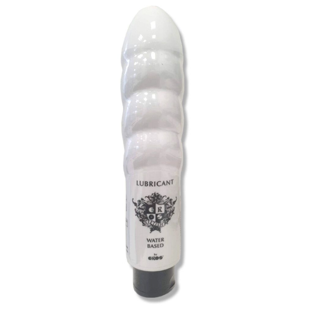 Prodotto bianco a forma di dildo, tappo nero. Scritta: LUBRICANT, WATER BASED. Logo.