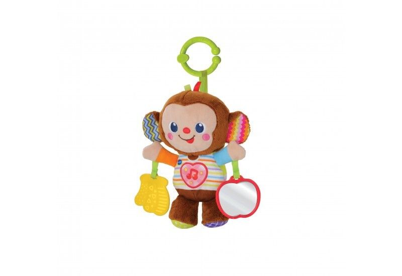 Scimmia di peluche con specchio, anello per dentizione e gancio. Orecchie e maglia colorate. Gancio verde.