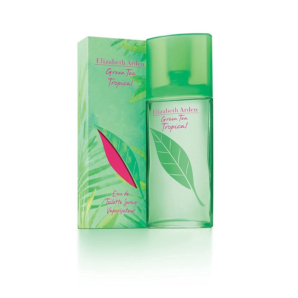 Flacone e confezione. Flacone rettangolare, verde. Confezione verde con motivo a foglie. Scritta: Elizabeth Arden Green Tea Tropical.
