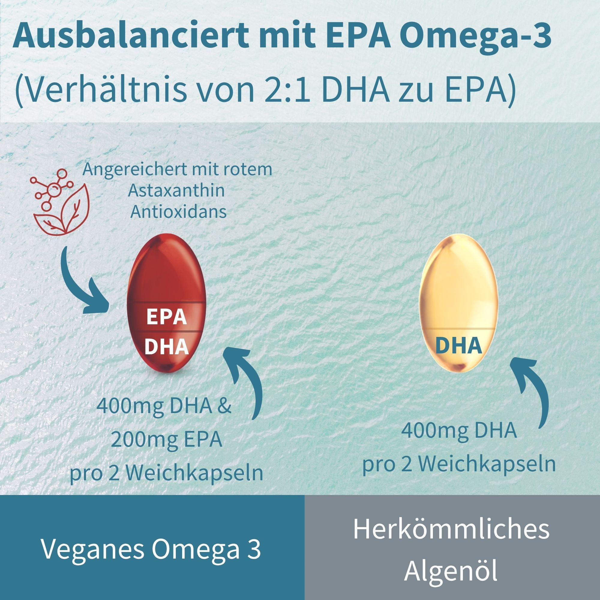 Confronto tra Omega-3 vegano e olio di alghe convenzionale. Capsule con DHA ed EPA. Testo: Bilanciato con EPA Omega-3 (rapporto 2:1 DHA a EPA).