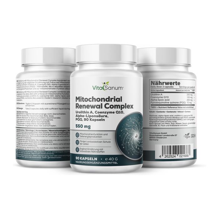 Tre flaconi di VitaSanum® Mitochondrial Renewal Complex, 90 capsule per flacone.