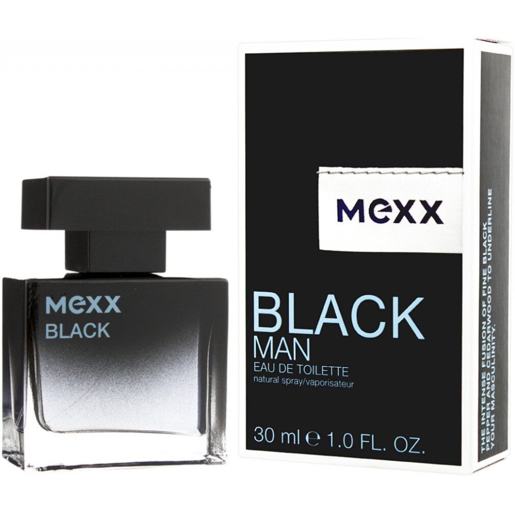 Flacone e confezione neri di Mexx Black Eau de Toilette. Flacone con tappo nero, testo azzurro chiaro. Confezione con logo e nome del prodotto.