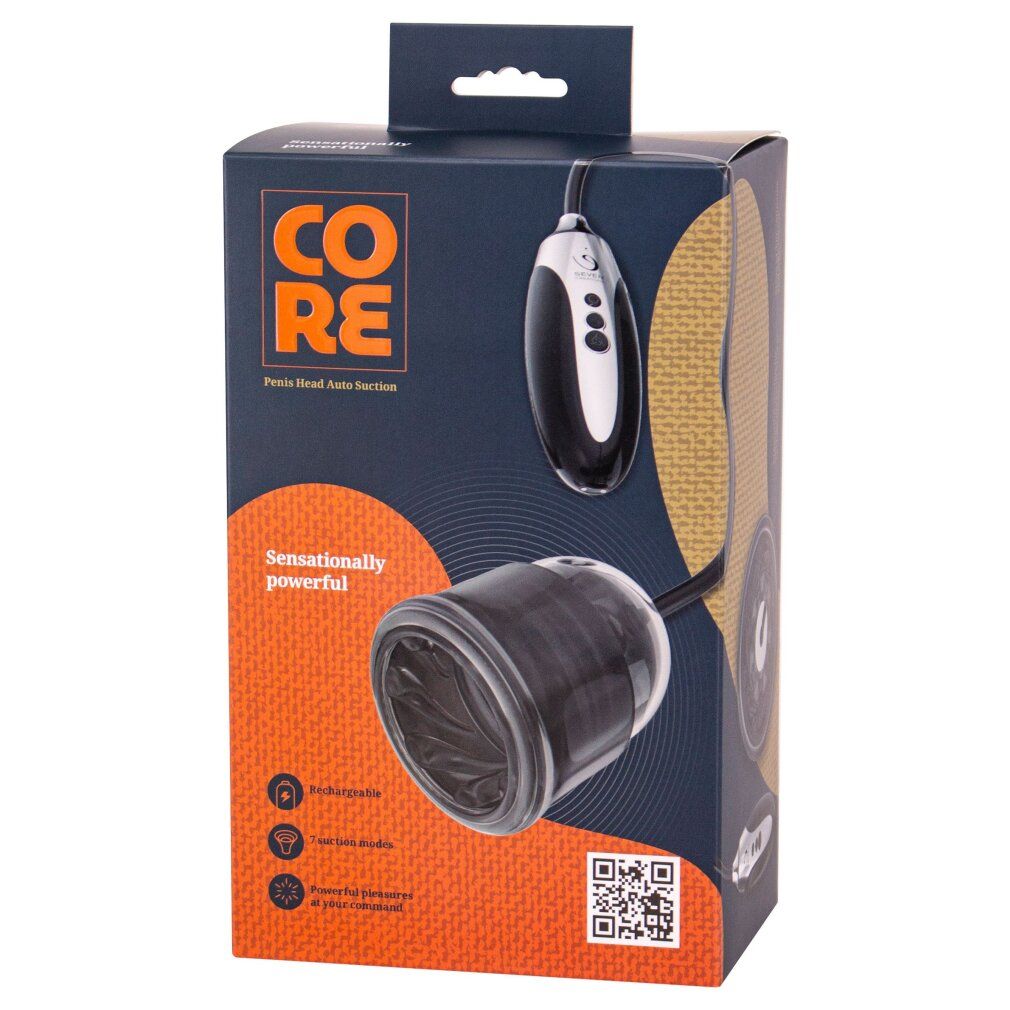 Confezione con immagine del prodotto. Pompa nera con cilindro trasparente. Testo: CORE, Penis-Head Auto Suction.