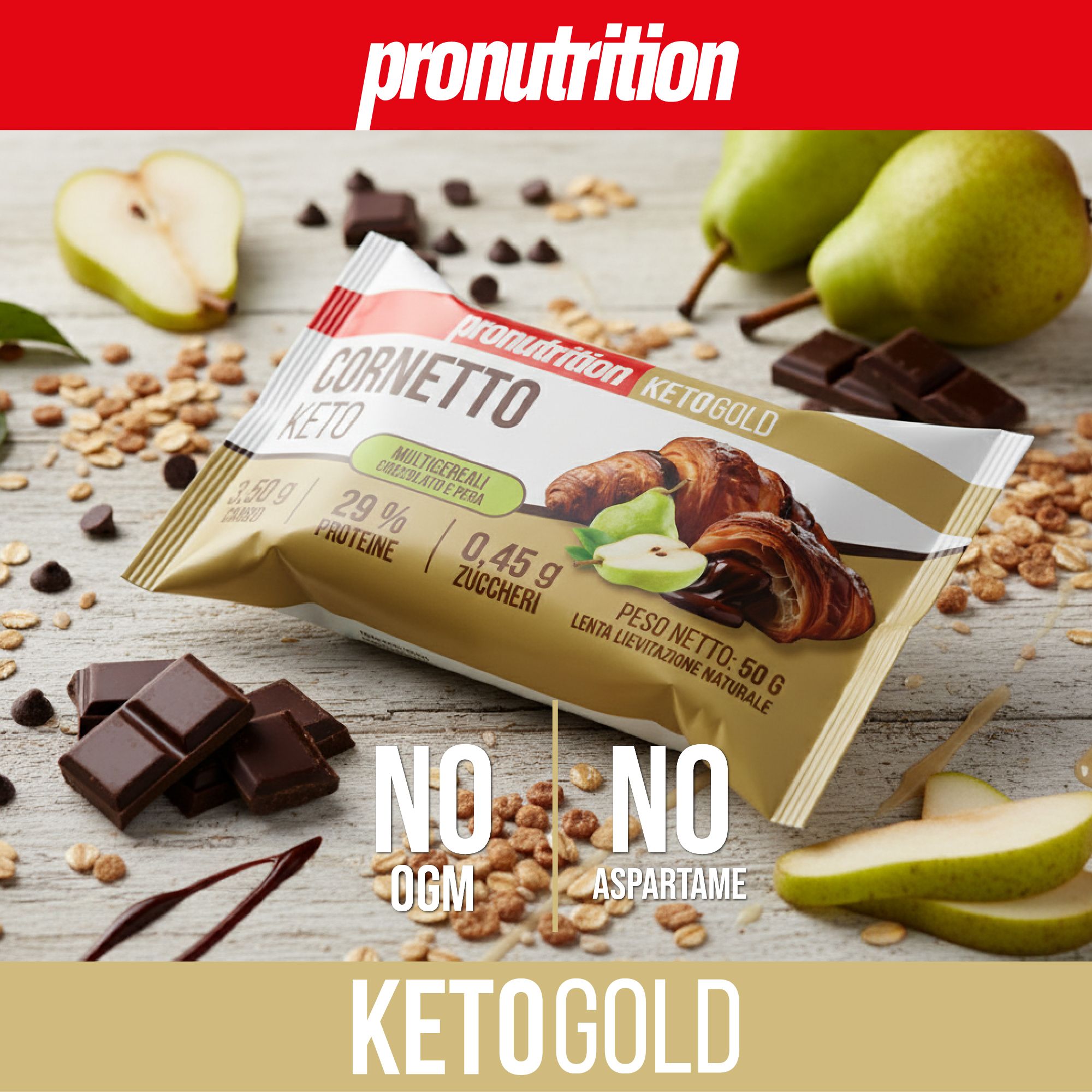 Pronutrition Cornetto Keto, confezione. Pera, cioccolato. Testo: No OGM, No Aspartame, Ketogold.