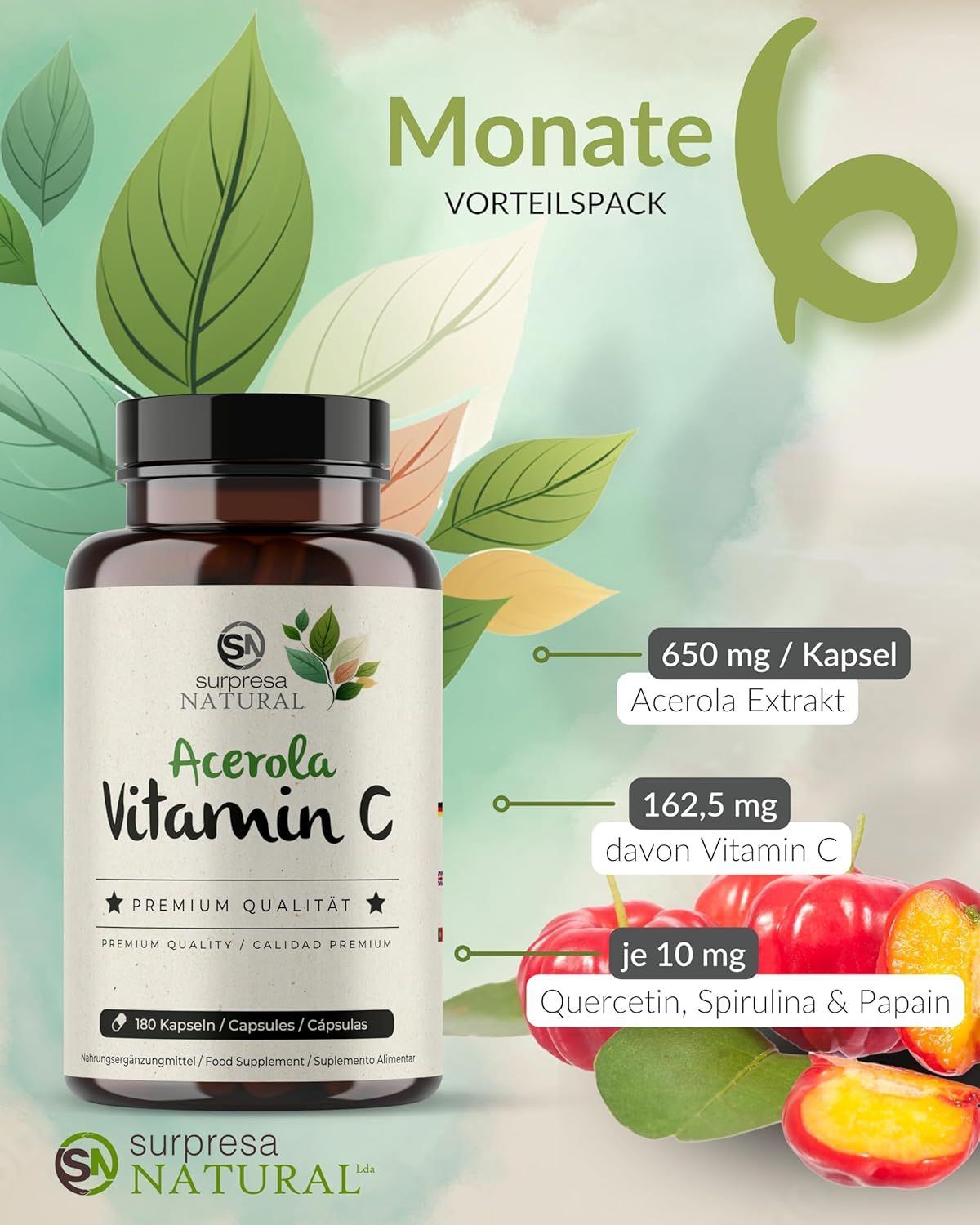 Flacone Acerola Vitamina C con testo e frecce. Confezione da 6 mesi. 650 mg di estratto di acerola per capsula.