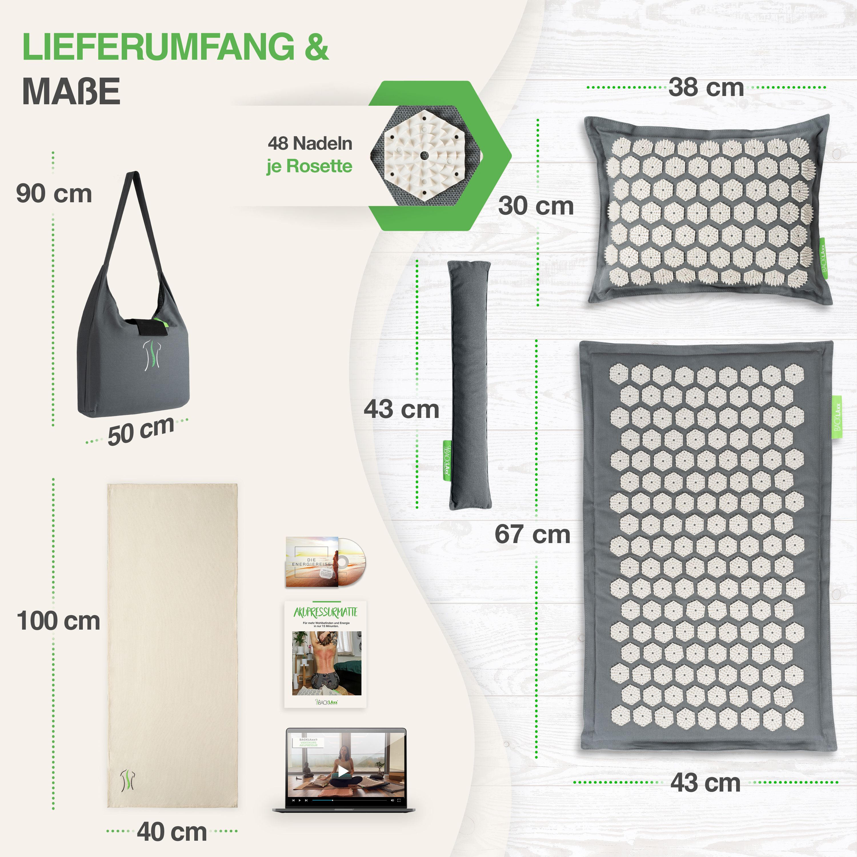 Set tappetino digitopressione con borsa, cuscino, accessori. Dimensioni: Tappetino 100x40cm, cuscino 38x30cm, borsa 90x50cm. 48 aghi.