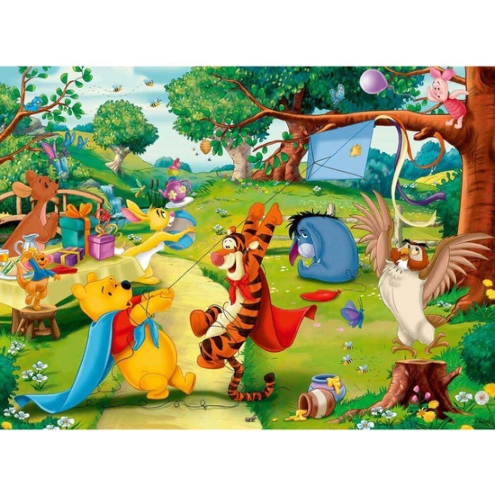 Puzzle Winnie the Pooh. Personaggi: Winnie, Tigro, Gufo, Ih-Oh, Kanga, Roo. Paesaggio con alberi, prato, aquilone.