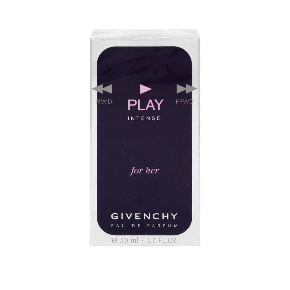 Givenchy Play Intense for Her. Confezione con fronte viola. Testo: PLAY INTENSE for her, Givenchy Eau de Parfum. Simboli freccia. 50 ml.