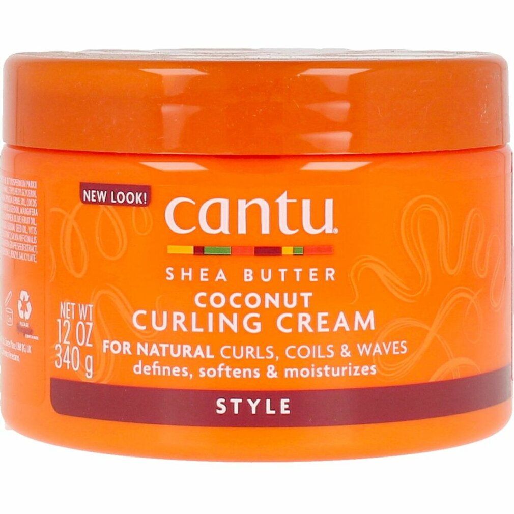 Barattolo arancione di Cantu Shea Butter Coconut Curling Cream. Testo: Per ricci naturali, definisce, ammorbidisce e idrata.