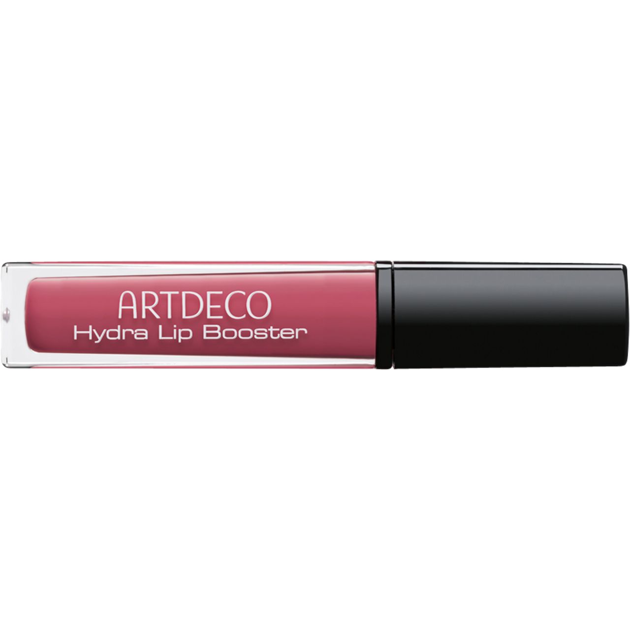 Artdeco Hydra Lip Booster. Liquido rosa in contenitore trasparente con tappo nero. Nome del prodotto e marchio visibili.