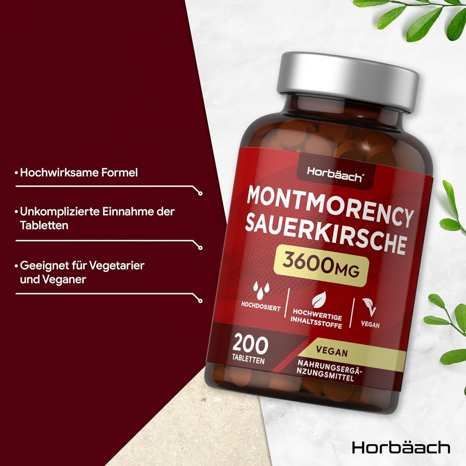 Flacone di compresse marrone con etichetta rossa. Scritta: Horbaach Montmorency Sauerkirsche 3600mg, 200 compresse. Vegano.