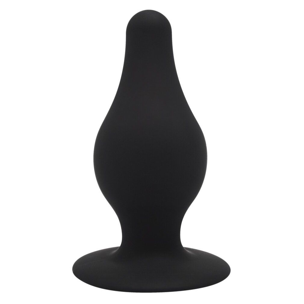 Plug nero in silicone, forma a goccia, base ampia. Superficie liscia, affusolata.