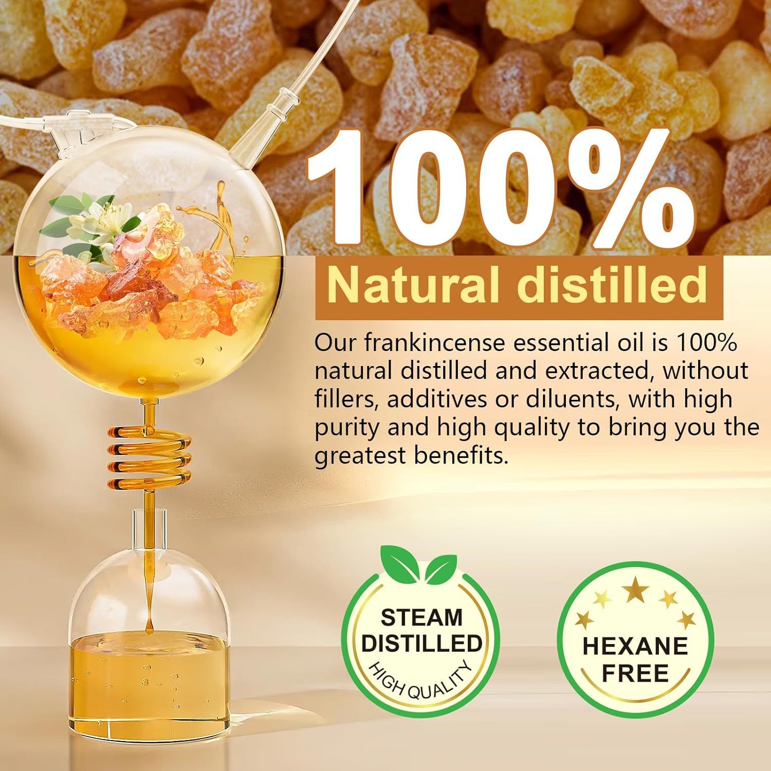 Olio di incenso distillato naturalmente al 100%. L'immagine mostra un dispositivo in vetro con olio e resina. Testo: Steam Distilled, Hexane Free.