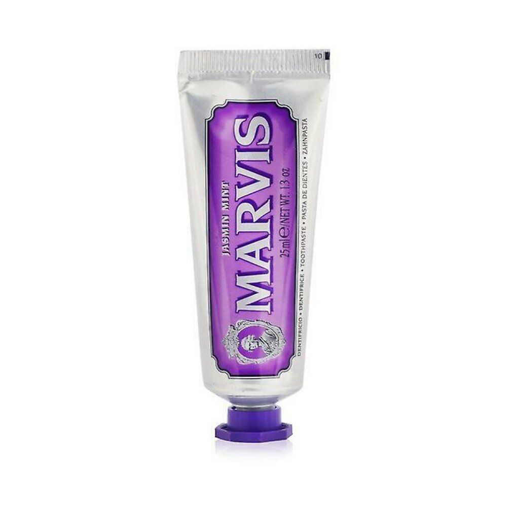 Tubo di dentifricio con dettagli viola. Scritta: MARVIS, Jasmin Mint, 25ml. Tappo viola.