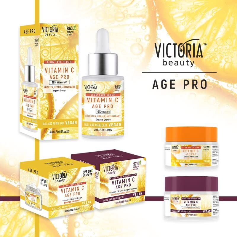 Vari prodotti Victoria Beauty Vitamin C Age Pro. Creme, sieri e confezioni. Scritta: Vitamin C Age Pro.