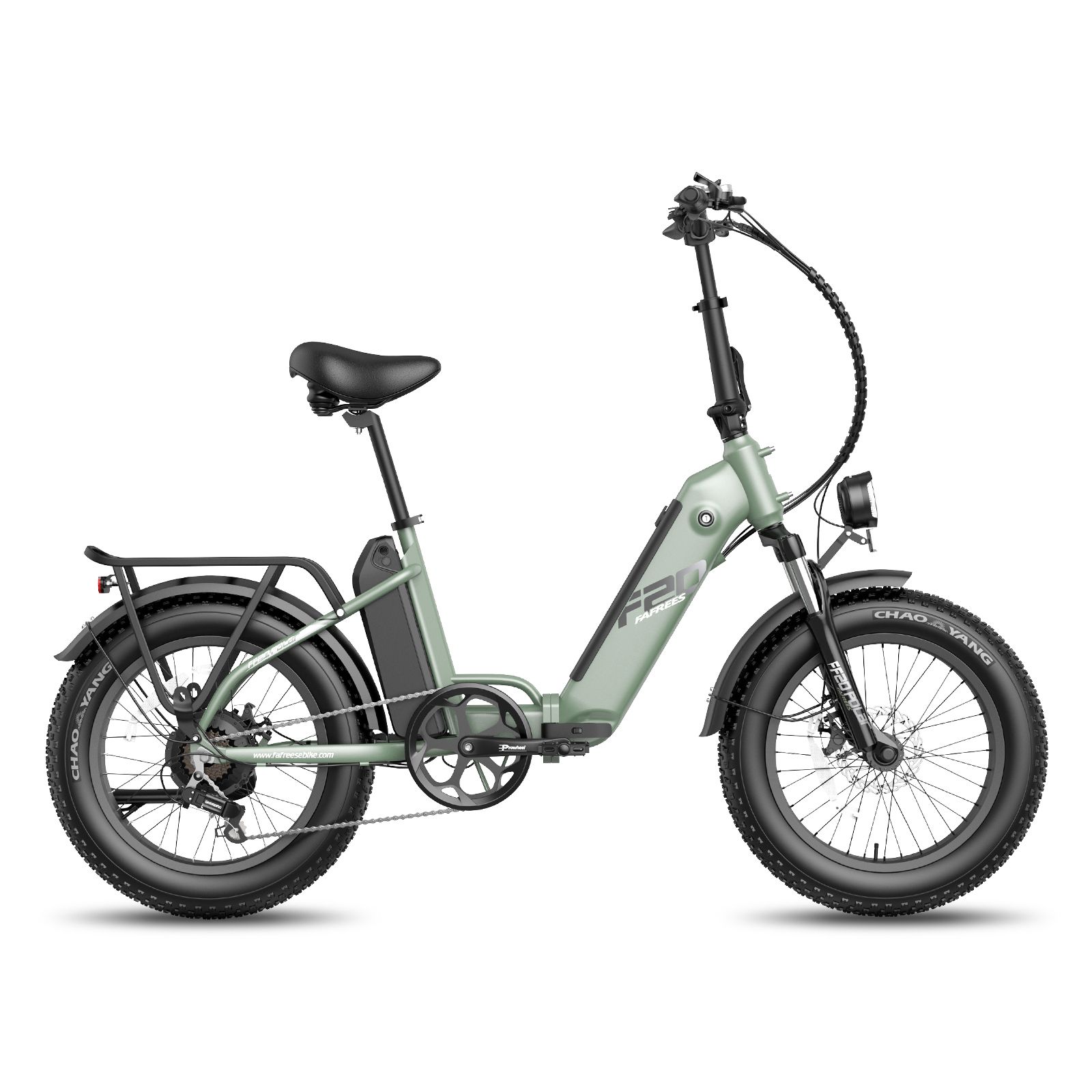 E-bike pieghevole verde chiaro. Pneumatici, sella e portapacchi neri. Faro anteriore e batteria. Logo F20.