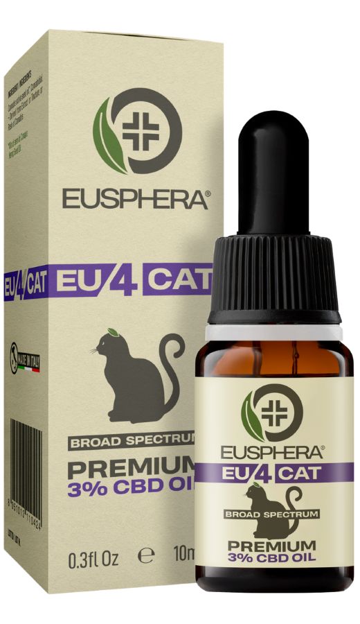 Flacone di vetro marrone con tappo nero e contagocce. Scatola con logo e testo: EU4CAT, 3% CBD Oil.