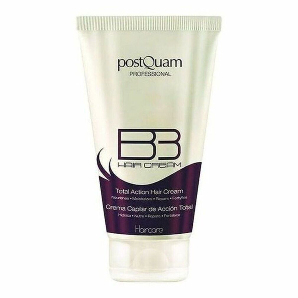Tubo bianco con dettagli viola. Scritta: Postquam Professional, BB Hair Cream, Total Action Hair Cream. Nome del prodotto e marchio visibili.