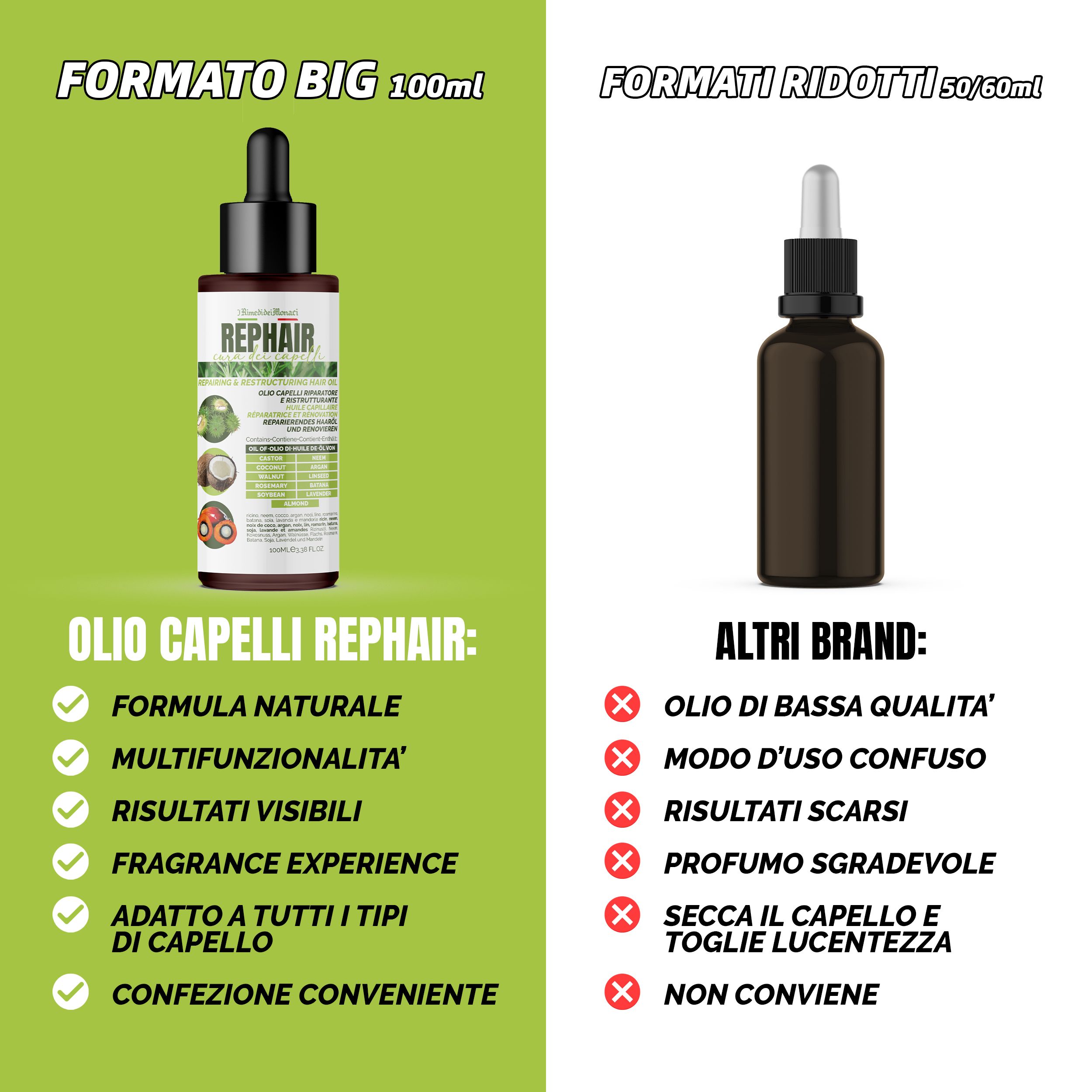 Confronto tra due flaconi di olio per capelli. Sinistra: Formato grande 100ml. Destra: Formati più piccoli. Testo: Formula naturale, multifunzionale.