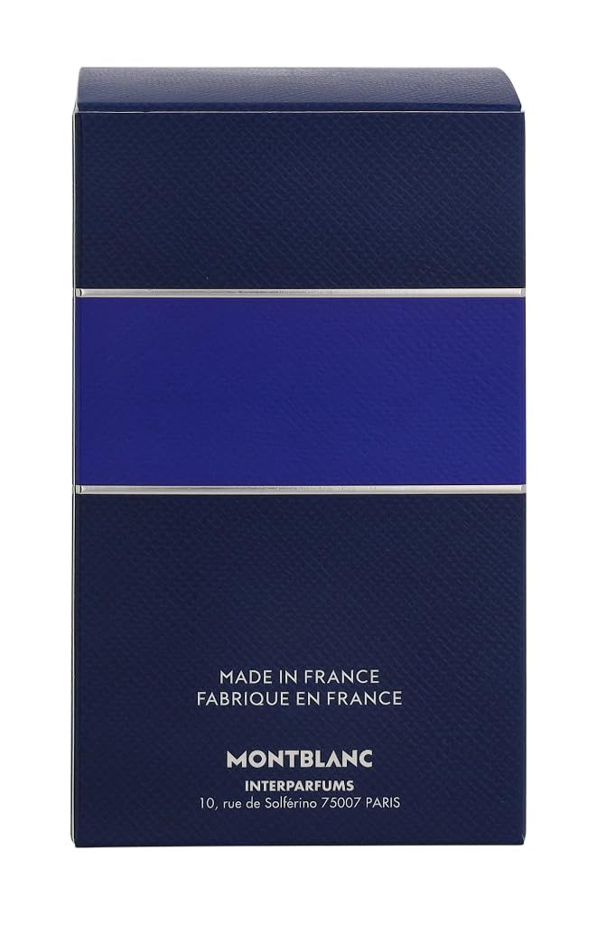 Retro della scatola blu. Scritta: MADE IN FRANCE. Logo Montblanc. Interparfums.