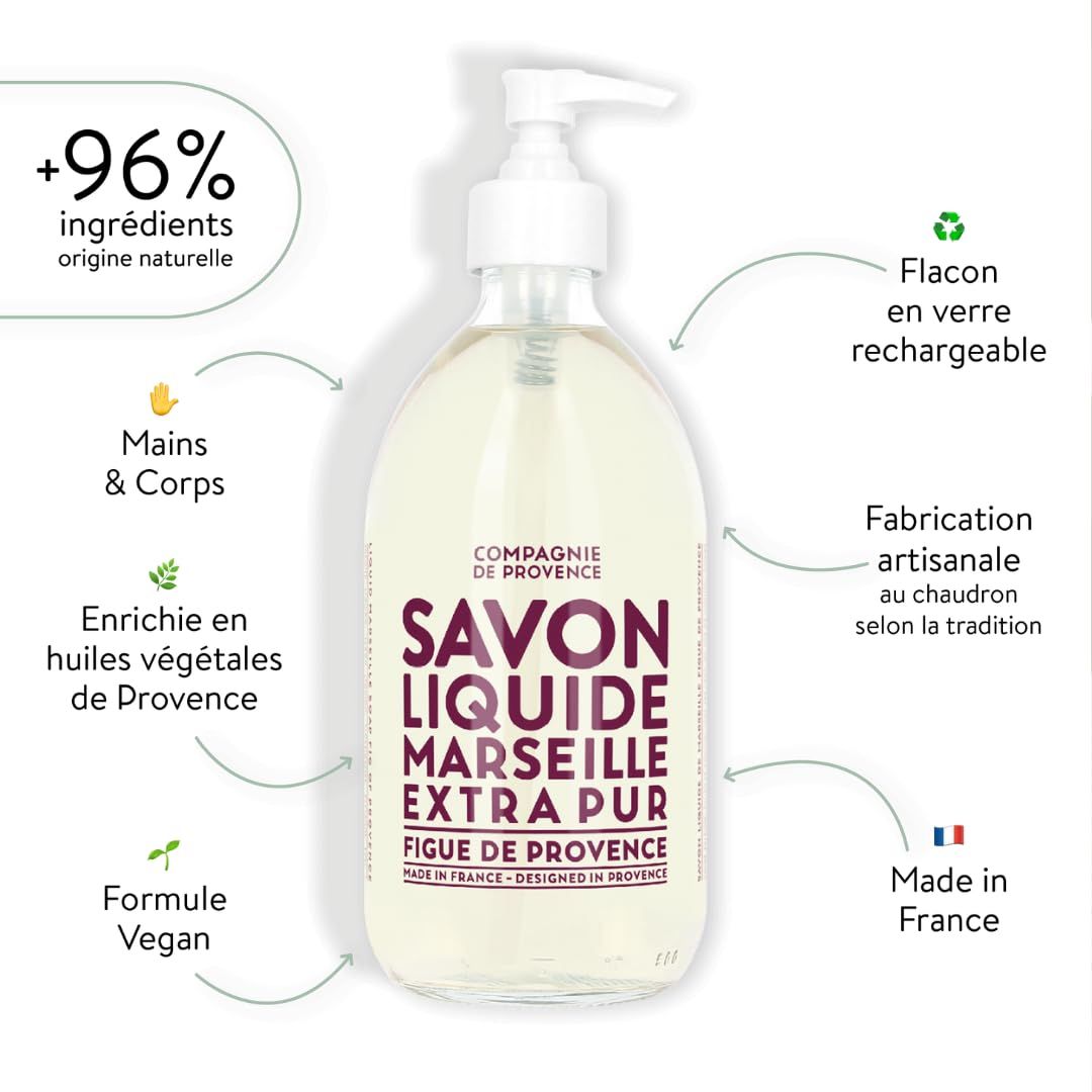 Sapone liquido Marsiglia Extra Pur, flacone trasparente con dosatore. Marchio: Compagnie de Provence. Prodotto in Francia. Formula vegana.