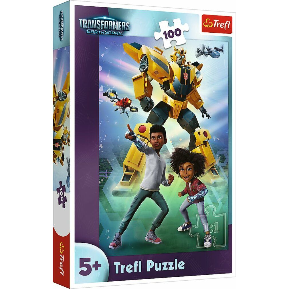 Puzzle Trefl, 100 pezzi, motivo Transformers. Confezione con robot giallo, due bambini e logo. Età consigliata 5+.
