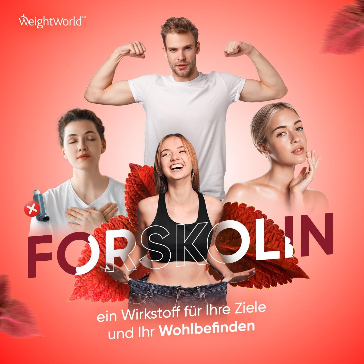 Persone su sfondo rosso. Testo: Forskolin, un principio attivo per i tuoi obiettivi e il tuo benessere. Logo WeightWorld.