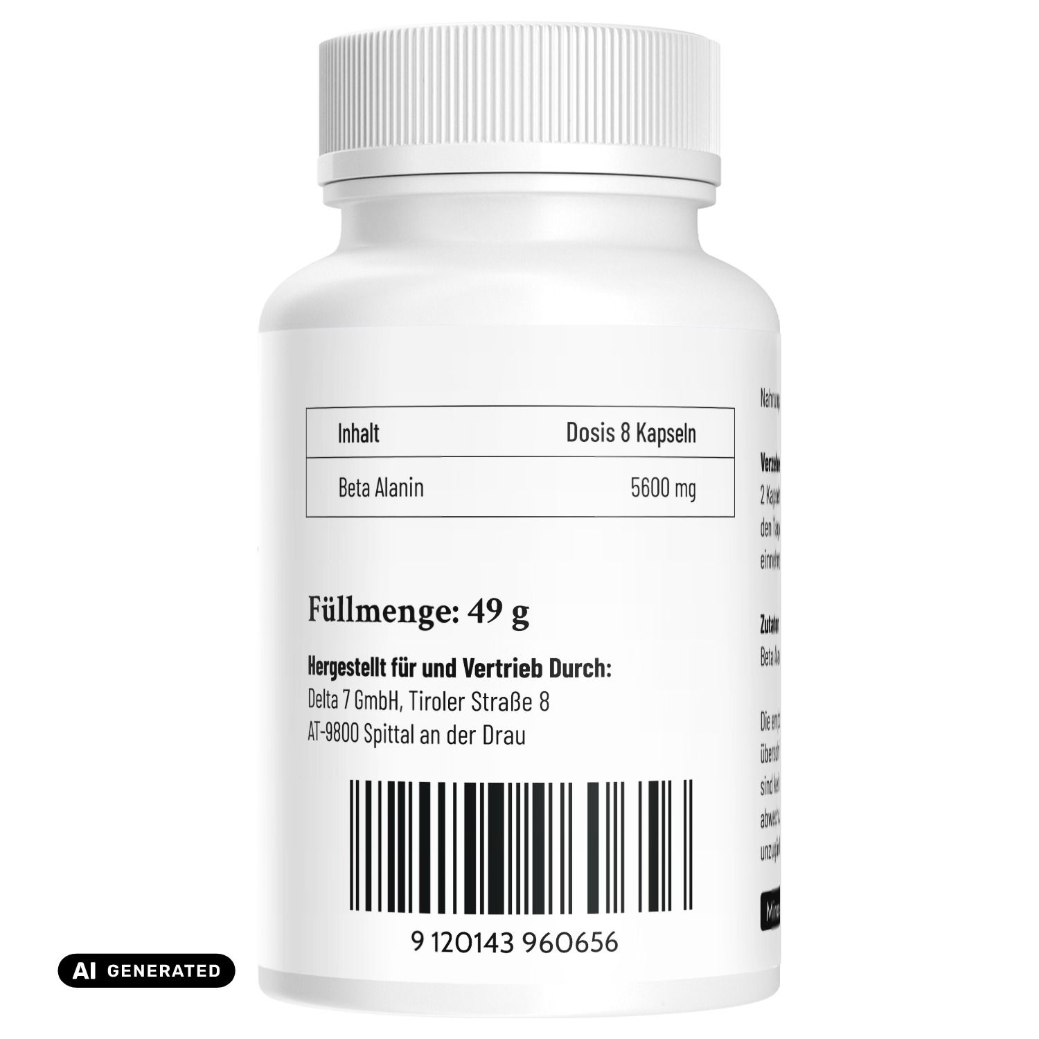 Retro di una scatola di capsule di Beta Alanina. Contenuto: 49g. Produttore: Delta 7 GmbH.