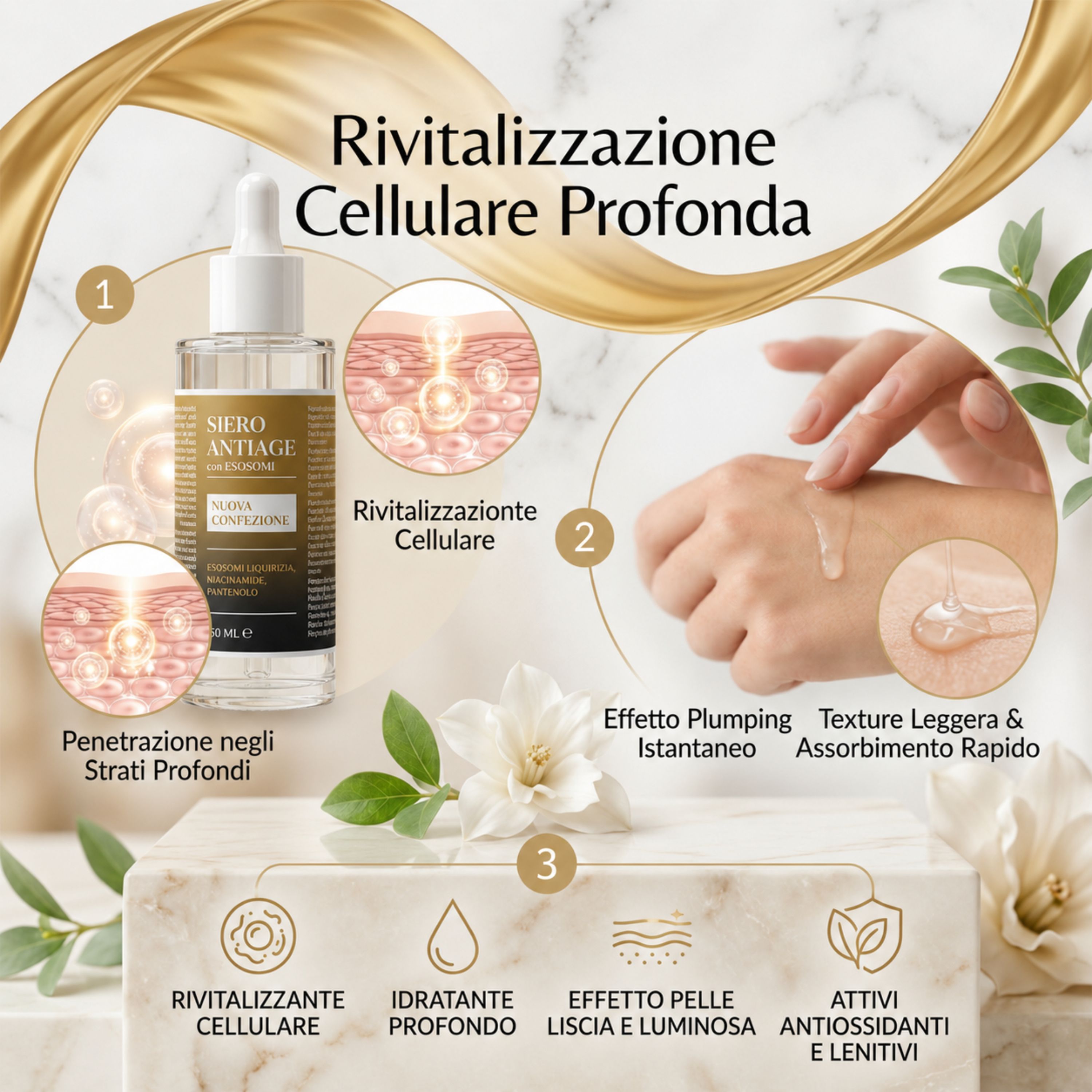 Flacone siero con contagocce. Scritta: Siero Antiage con Esosomi. Illustrazioni di strati cutanei ed effetti.